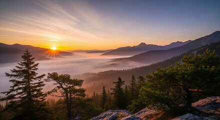 Stunning sunrise over misty mountain range with pine trees creating a peaceful and inspiring landscape scene
