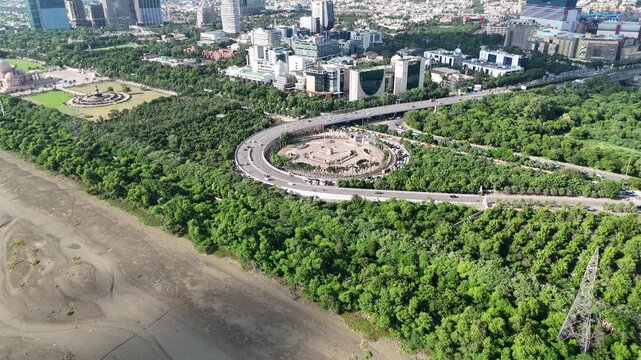 Aerial shot of Ambedkar chowk flyover and Film city of Noida, Uttar Pradesh