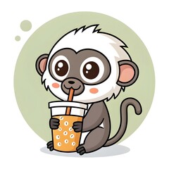 Adorable Baby Pied Tamarin Infant Sipping Bubble Juice In Cute Chibi Cartoon Style, Kawaii Primate Illustration With Sparkly Eyes, Pastel Colors, And Playful Sweet Charm