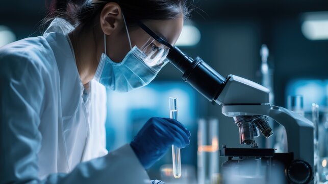 scientist looking at microscope - Powered by Adobe