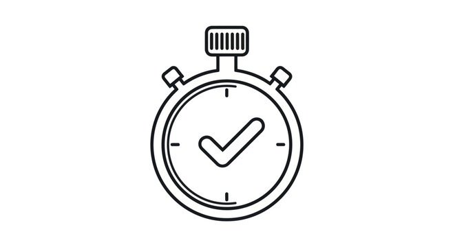 Black and white line art stopwatch icon with checkmark.