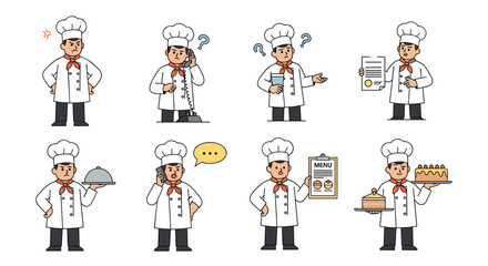 Fototapeta premium Collection of professional chefs in various poses and actions illustrating culinary experiences and business scenarios