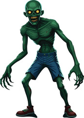 Cartoon zombie character with skeletal face, glowing eyes, red sneakers, Halloween horror theme, creepy undead design for vector illustration use