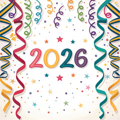 Colorful 2026 Celebration with Streamers, Confetti, and Festive Decorations