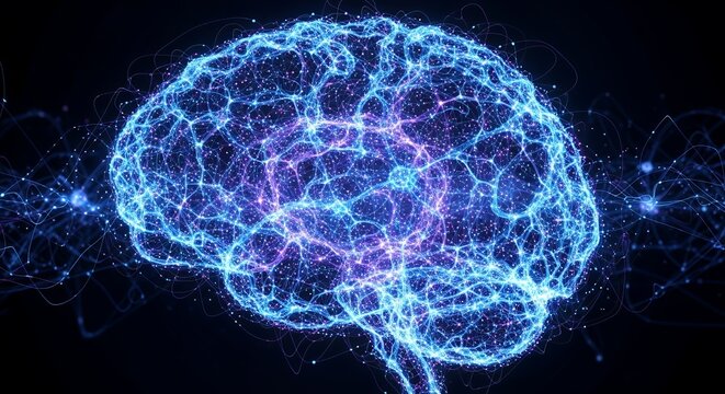 Futuristic brain network glows with digital connections symbolizing artificial intelligence and advanced technology
