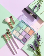Pastel makeup palette and brushes on a geometric background, featuring lavender sprigs