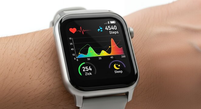 Track your fitness goals with a smart watch showing heart rate, steps, sleep patterns, and activity levels