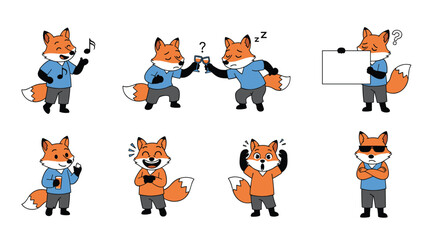 Cute cartoon fox characters expressing various emotions and activities engagingly