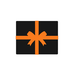 Square Black Gift Box with Vibrant Orange Ribbon and Bow on a Clean White Background