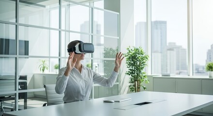 Experience virtual reality with a businesswoman in a bright modern office, exploring new digital horizons