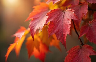 Close-up of vibrant red autumn leaves, likely Virginia creeper, against a warm, softly blurred background. The rich red-orange foliage captures the of fall colors and the changing season.