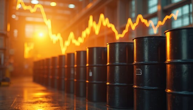 Rows of black oil barrels in factory storage, illuminated by warm golden light. Overhead, glowing financial graph shows rising price trends. Represents energy production, market economy, global