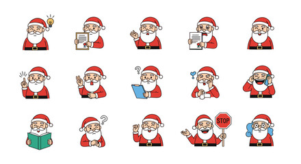Collection of diverse pixelated santa claus emoticons expressing various emotions and actions