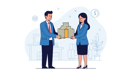 Business professionals exchange financial documents and contracts during a transaction