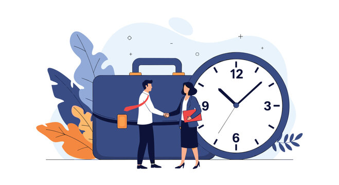 Business professionals shaking hands near a briefcase and a large clock symbolizing career success and time management for growth and opportunity