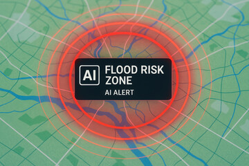 AI flood risk zone alert on map for social impact and safety awareness using ai technology for disaster prevention