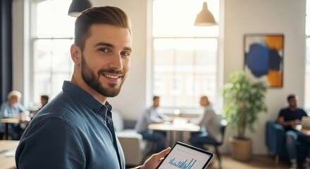 Confident young professional reviewing business data on a tablet in a bright modern office setting