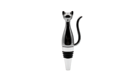 Chrome cat wine bottle stopper art on transparent background