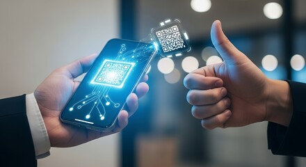 Scan QR code on phone for seamless digital payments and instant access with a thumbs up approval