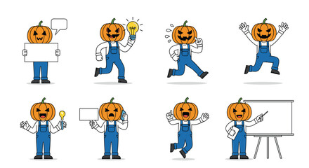 Cartoon character pumpkin headed person in blue overalls expressing various emotions and actions