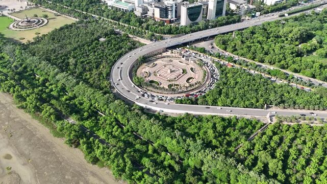 Aerial shot of Ambedkar chowk flyover and Film city of Noida, Uttar Pradesh