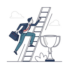 An ambitious businessman climbs the ladder of success towards a gleaming trophy representing victory drawn in a crisp