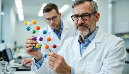 Senior scientist holding a colorful molecular model in a modern lab - scientific research and discovery