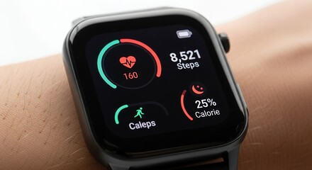 Track your fitness goals with a modern smartwatch showing steps, heart rate, and calorie burn