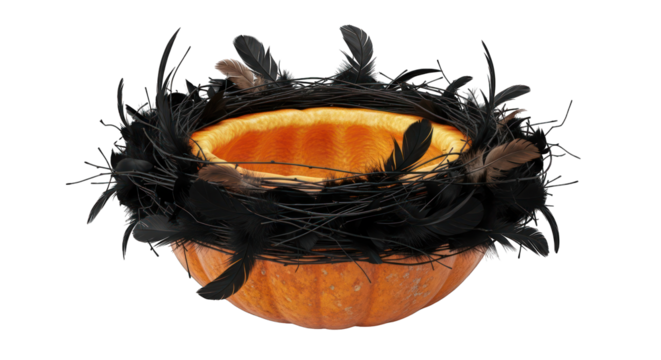 Halloween pumpkin with feather nest on transparent background