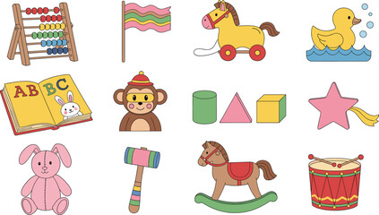 Colorful collection of cute cartoon children toys including abacus, book, rocking horse, teddy bear, drum, duck, monkey, blocks illustration