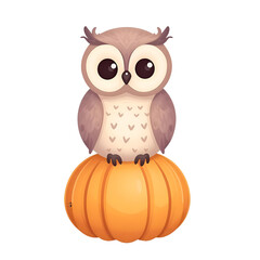 Fototapeta premium Adorable Owl perched atop a bright orange pumpkin isolated on transparent background Generative AI.