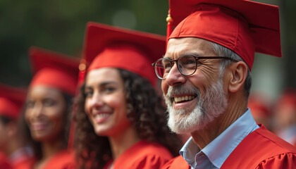 Proud graduates in red caps and gowns celebrate their achievements at a ceremony. A diverse group of students, family, and friends share in the joy of educational success and future anticipation.