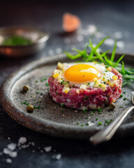 Close-up of steak tartare topped with raw egg yolk, served with diced onion and capers on rustic plate, elegant food styling.