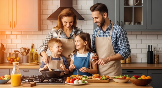 Happy family cooking healthy meal together in bright kitchen, creating cherished memories and enjoying quality time