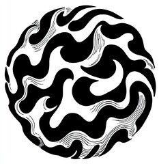 Circular black and white abstract design with flowing, organic shapes