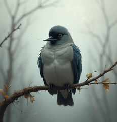 Sad Lonely Bird on Bare Branch Under Gray Sky