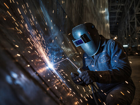 welder at work - dramatic close-up of a welder welding the hull of a large ship, workspace background