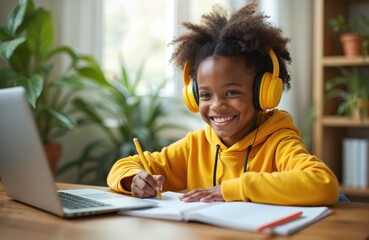 Fototapeta premium Happy young African American girl studies online wearing yellow headphones. Writes in notebook with pencil at desk with laptop. Remote class, music listening, focused learning, homework completion,