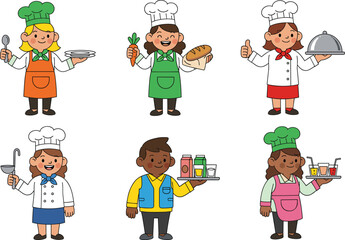 Cute cartoon kids dressed as chefs and waiters holding food, drinks, utensils, bread, tray, cooking, serving, restaurant vector illustration.