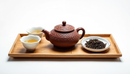 Traditional Chinese tea ceremony set with brown teapot, two white cups filled with tea, dish of tea leaves on bamboo tray. Ceramic teapot features intricate patterned design. Offers authentic