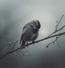 Sad Lonely Bird on Bare Branch Under Gray Sky