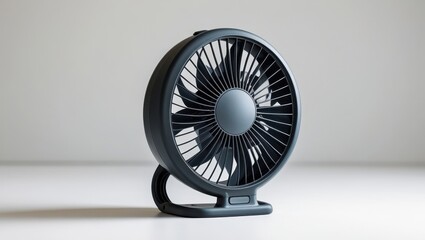 A modern, compact, dark gray fan, presented on a plain white surface, creating a clean, minimalist aesthetic.