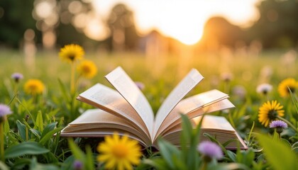 An open book resting in a vibrant wildflower field - serene summer reading in nature's golden glow
