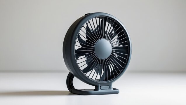 A modern, compact, dark gray fan, presented on a plain white surface, creating a clean, minimalist aesthetic.