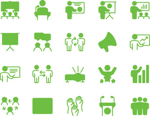 Set of Green Solid Icons for Business and Presentations – Vector Symbols for Meetings and Communication