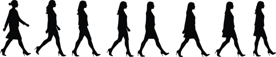 Silhouettes of walking woman in business attire, various walking poses, side view, professional female figure, isolated on white background, office movement concept.
