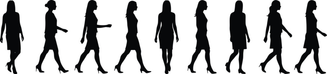 Silhouettes of walking woman in business attire, various walking poses, side view, professional female figure, isolated on white background, office movement concept.