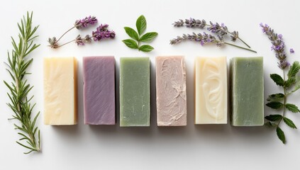 Colorful artisanal soaps, herbal accents