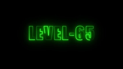 Neon green glowing text L E V E L 65 on black background digital animation futuristic achievement - Powered by Adobe