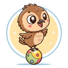 Adorable Baby Hammerkop Chick Balancing A Colorful Gumdrop In Cute Chibi Cartoon Style, Kawaii Bird Illustration With Sparkly Eyes, Soft Pastel Colors, And Playful Whimsical Charm